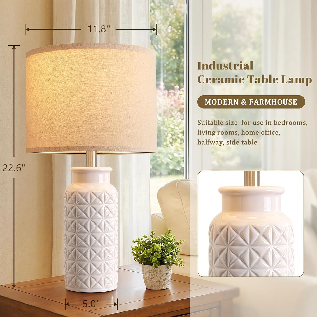 innqoo 22.6" modern ceramic bedside lamps set of, close-up detail