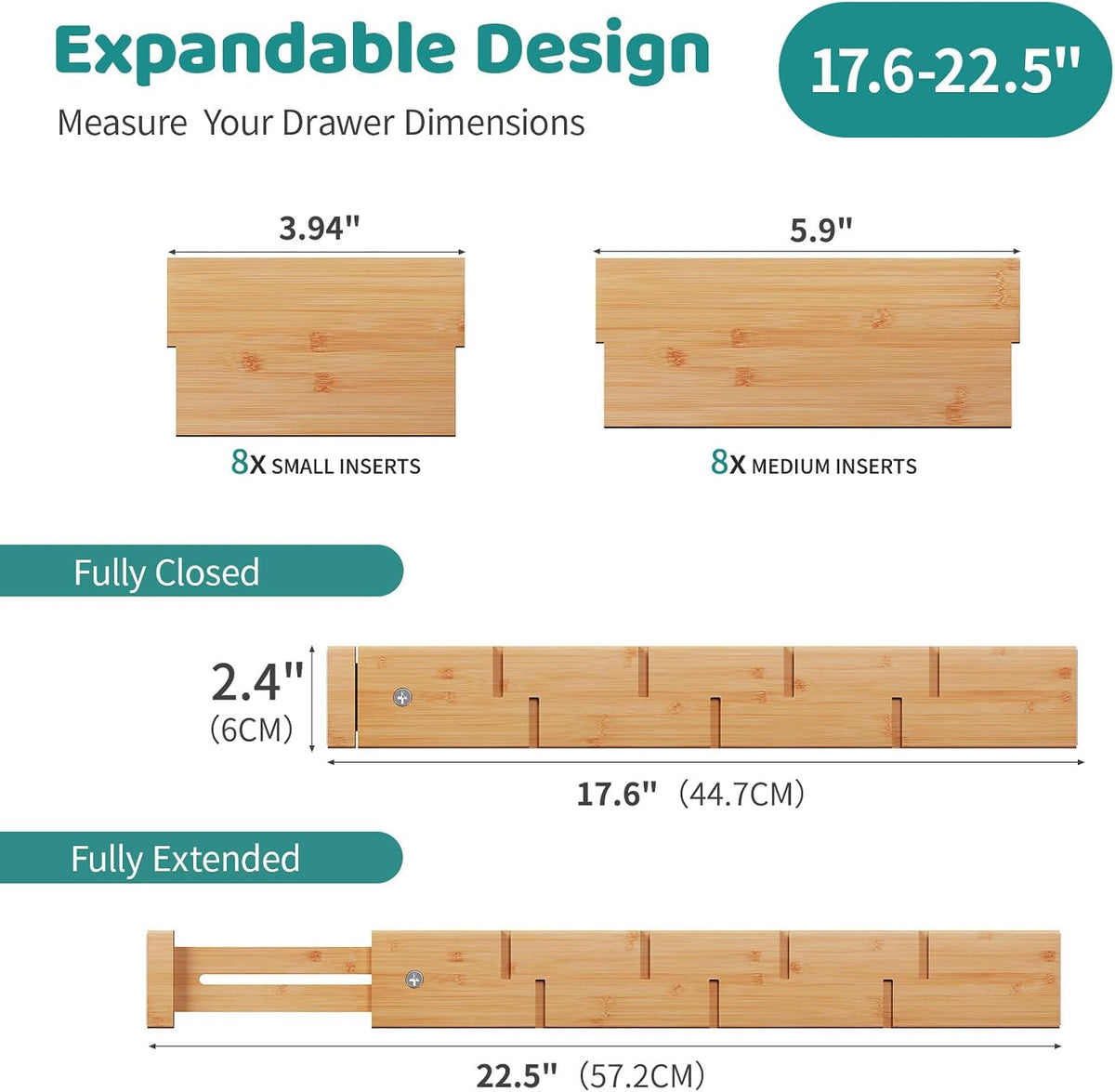 8 Pack Kitchen Drawer Dividers with Inserts, Bamboo Adjustable Drawer Organiz...
