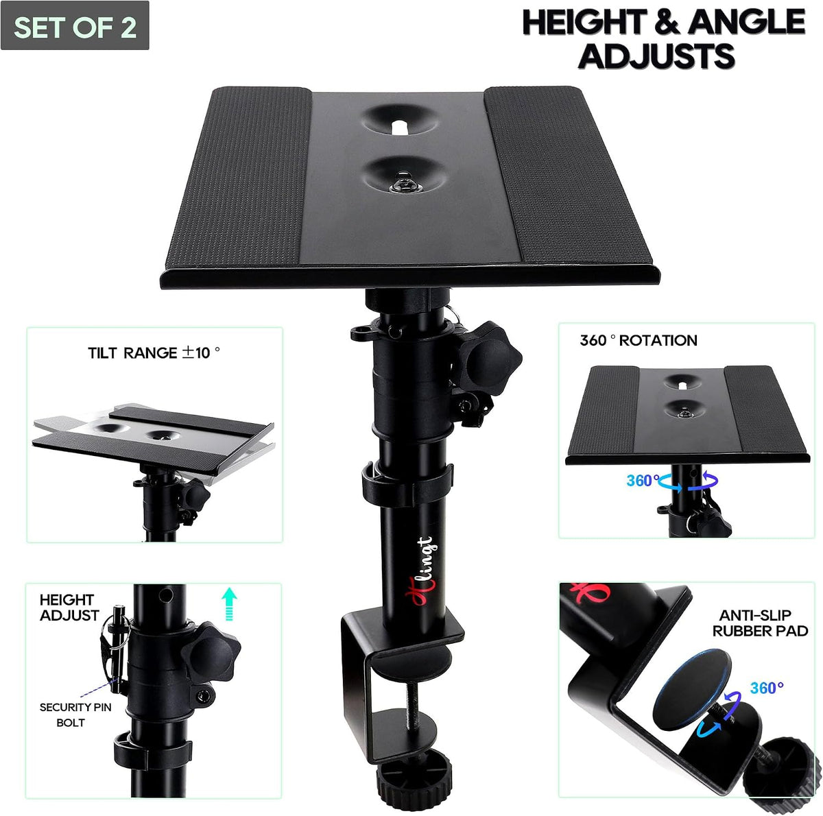 Tlingt Clamp-on Desktop Speaker Stands, Desk Mount Set, Fits 5"-6" ...