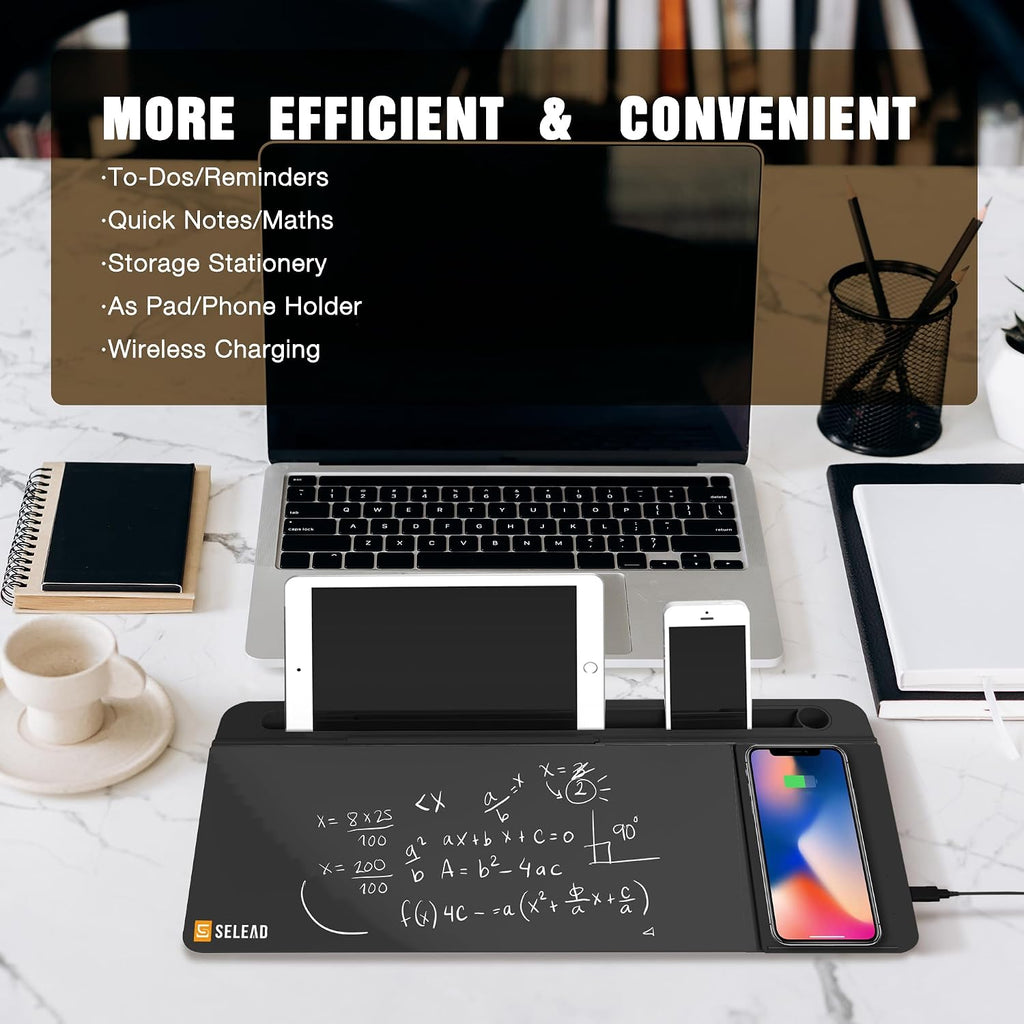 selead desktop glass whiteboard with wireless charger and, close-up detail