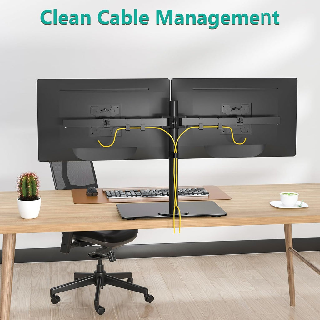 wali free standing dual monitor stand, height adjustable showing dimensions