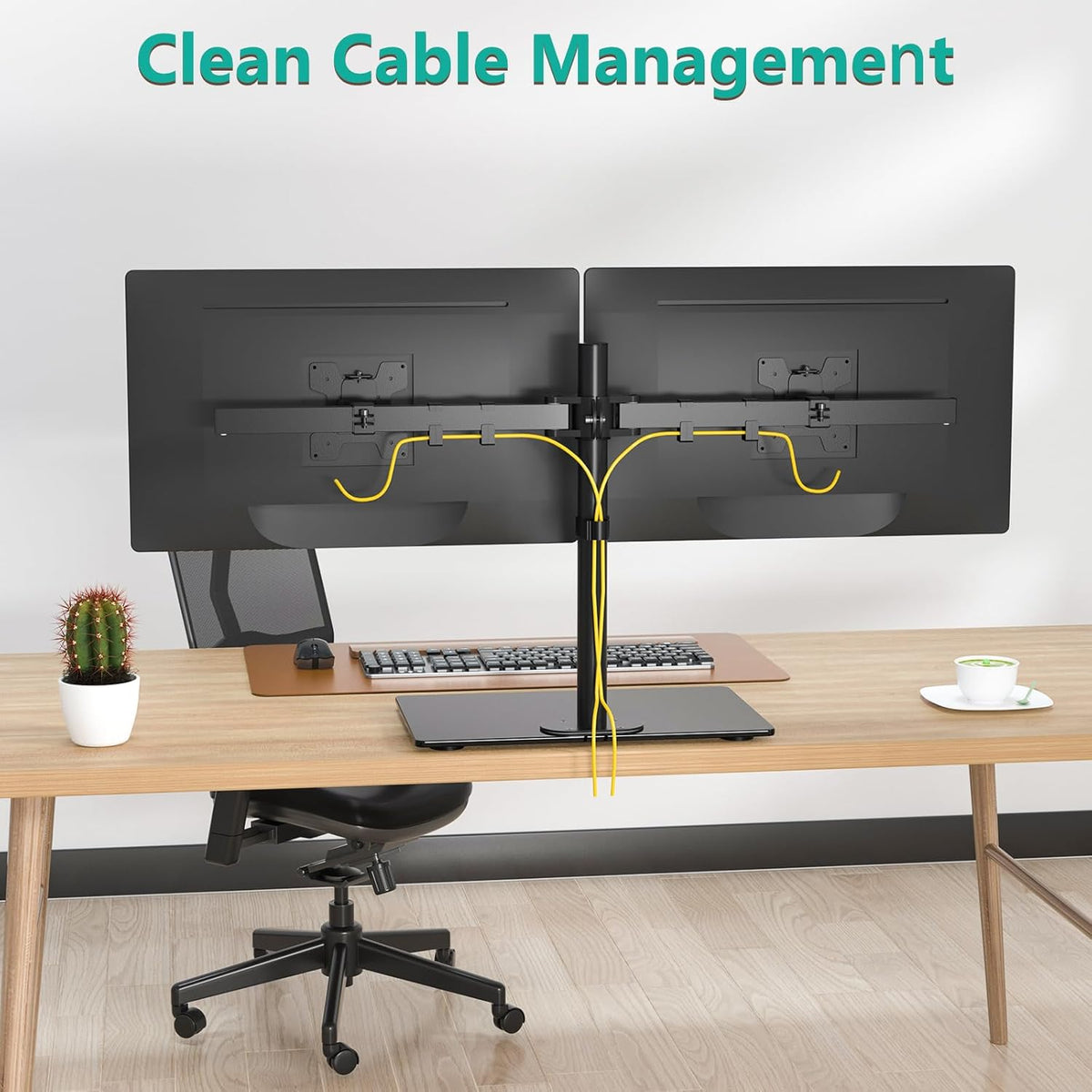 wali free standing dual monitor stand, height adjustable showing dimensions
