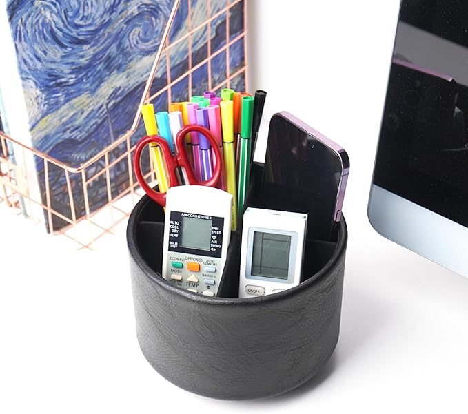 Hennaja Round Leather Art Supply Organizer, Remote Control Holder, 360 Degree - Image 6