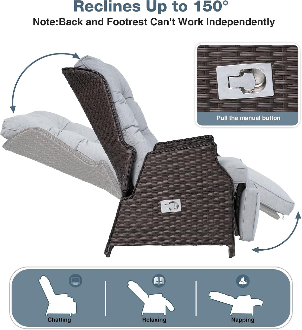 Outdoor Recliner with Adjustable Back and Footrest,Light Grey