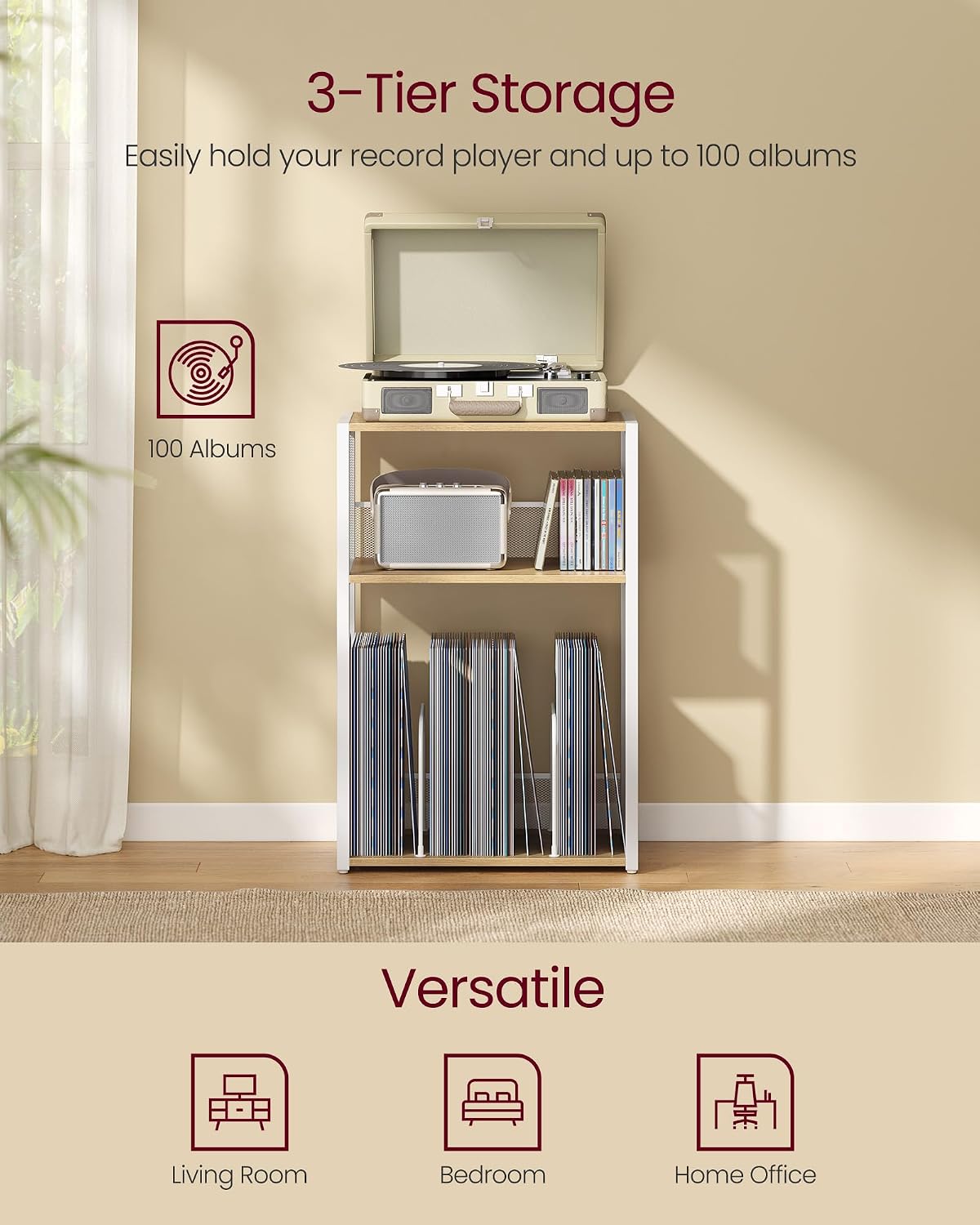 VASAGLE Record Player Stand, End Table with Record Storage up to 100 Albums