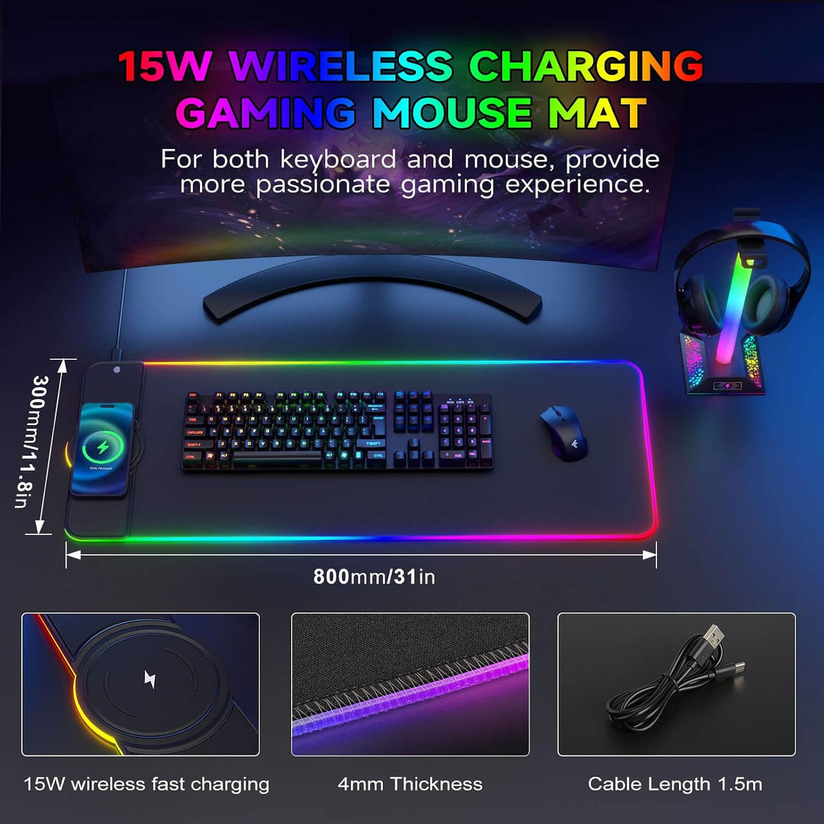 Charging RGB Gaming Mouse Pad - Wireless 15W Mousepad LED Extra Large Mouse M...
