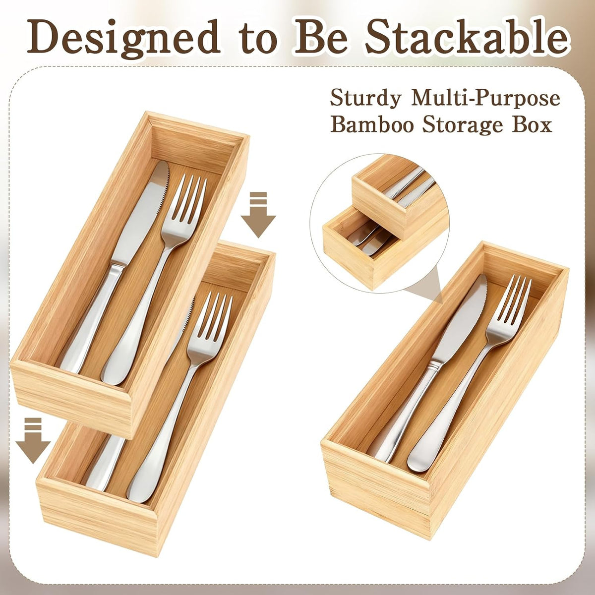 10 Pcs Bamboo Drawer Organizer 9 x 3 x 2 Inch Stackable Bamboo Silverware Tra...
