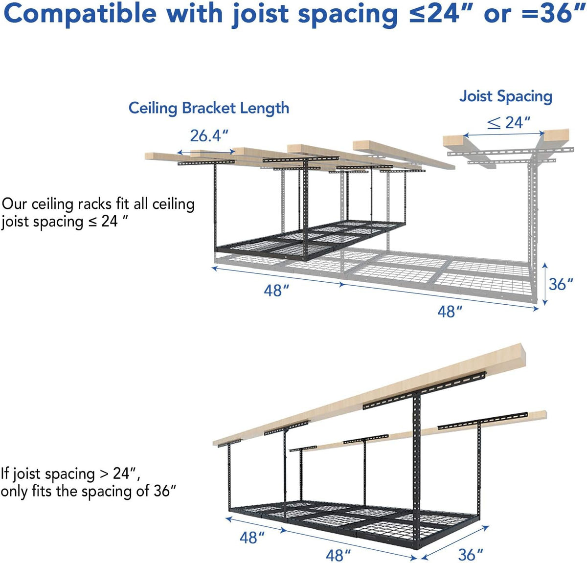 fleximounts 3x8 overhead garage ceiling storage rack organization showing dimensions