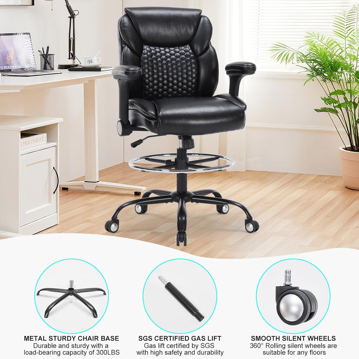 Drafting Chair, Tall Office Chair with Adjustable Armrests Mid-Back Standing ...
