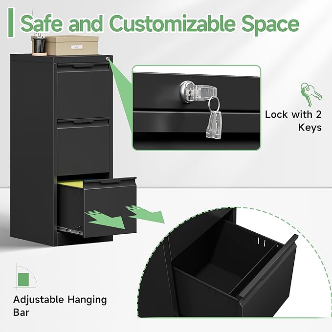 3-Drawer File Cabinet with Lock, Metal Vertical Filing Cabinets - Image 6