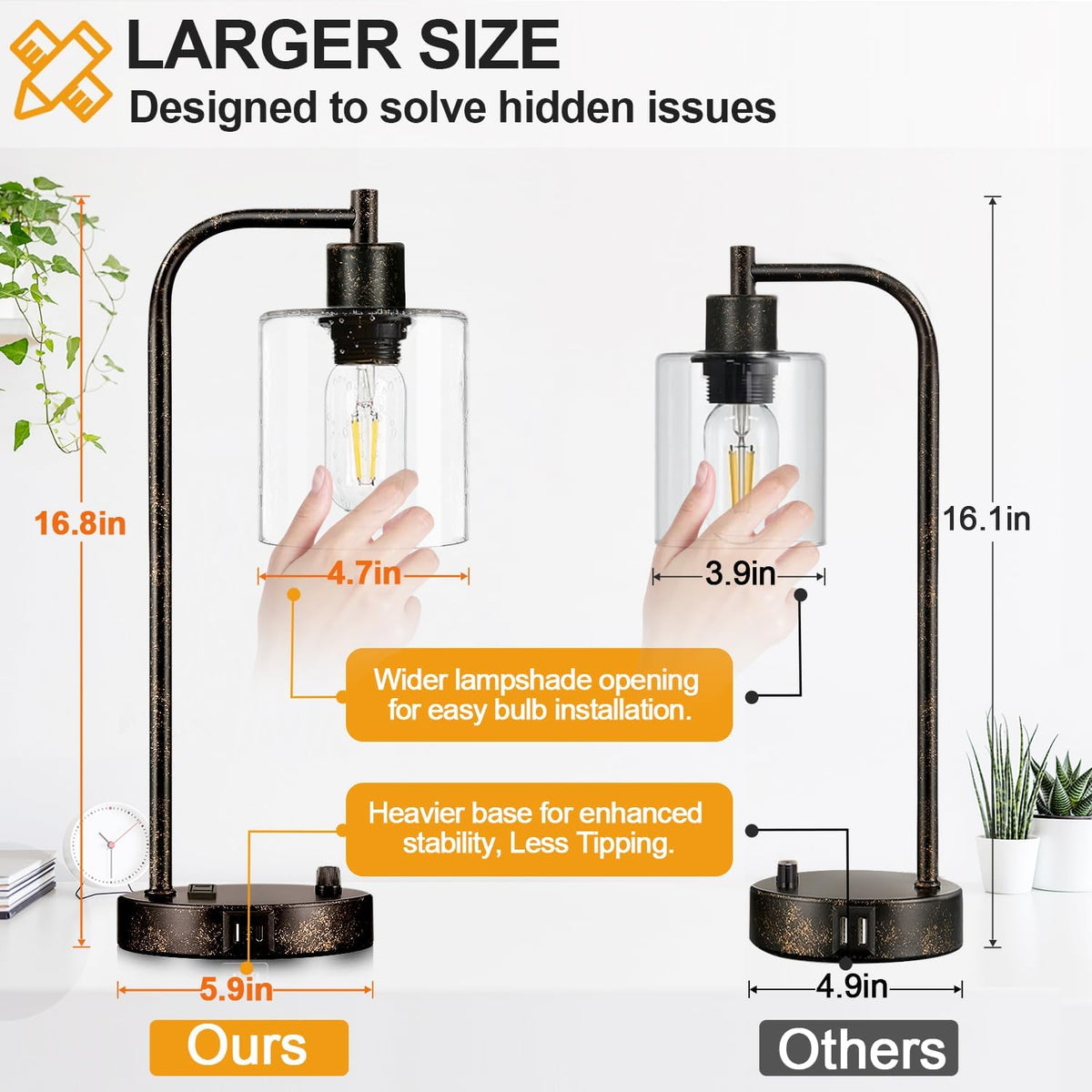 Set of 2 Industrial Table Lamps with USB Port, Rustic Black Fully Stepless Di...