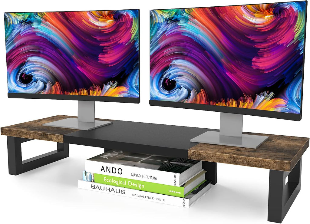westree dual monitor stand riser, wood and steel shown in use