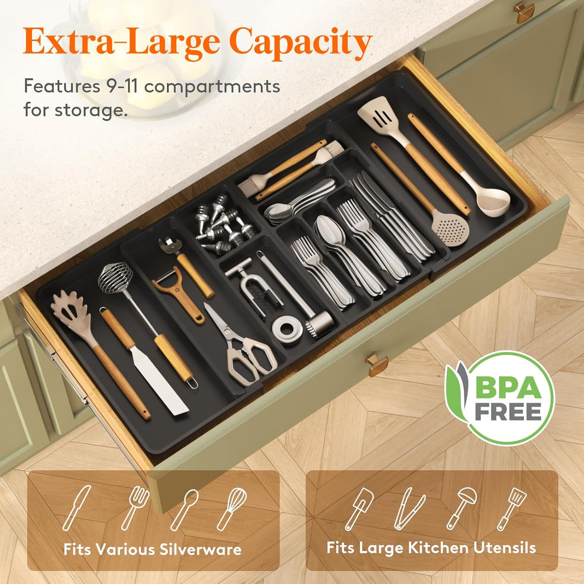 Lifewit Utensil Organizer for Kitchen Drawer, Expandable Cooking Tray