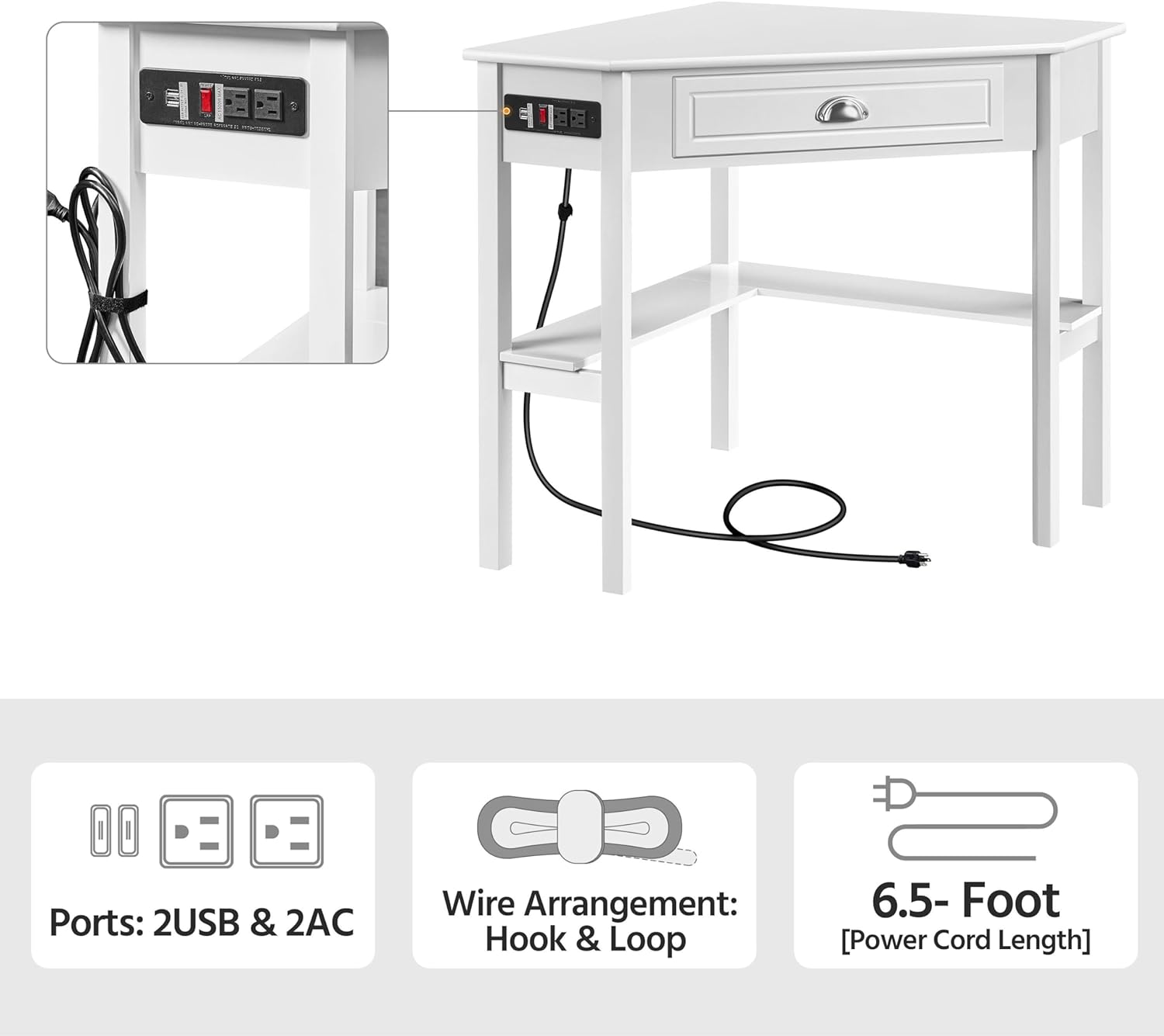 Yaheetech L-Shaped Corner White Desk and White Chair | USB ports, storage drawer and shelf, space-saving corner fit, modern style, sturdy frame, for home office or gaming.