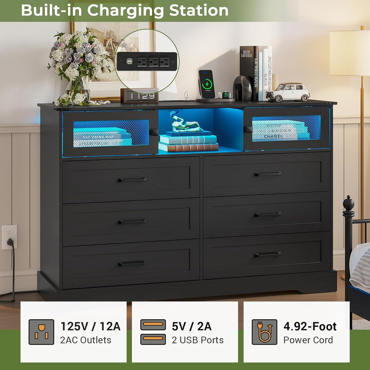 Hasuit 6 Drawer Dresser with LED Lights and Charging Station, Farmhouse Chest...