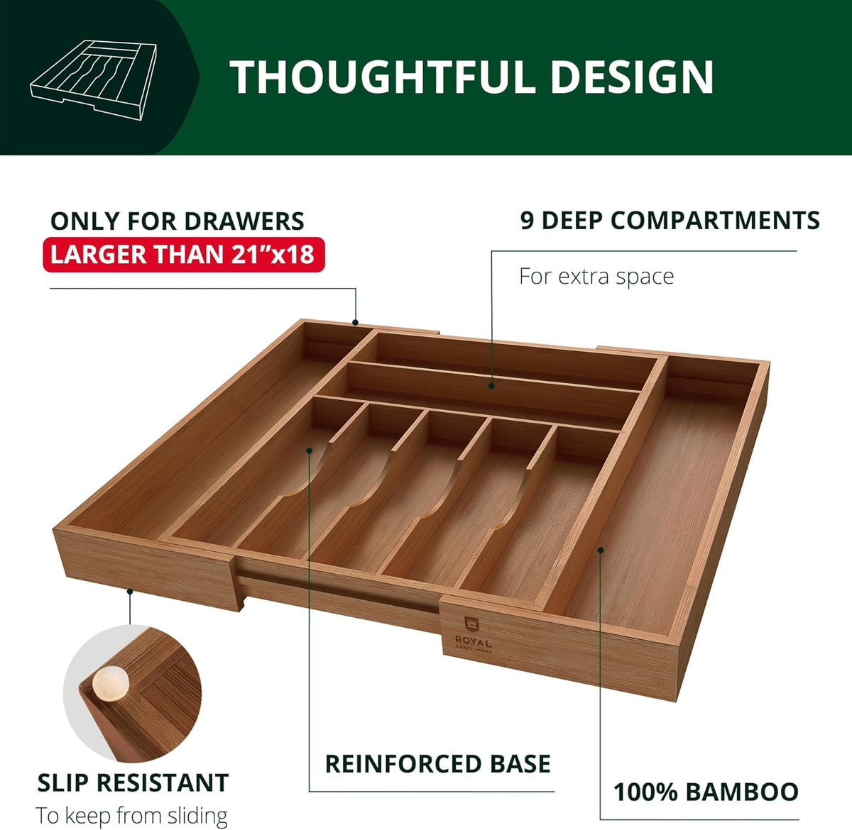 ROYAL CRAFT WOOD Luxury Bamboo Kitchen Drawer Organizer - Silverware Organize...