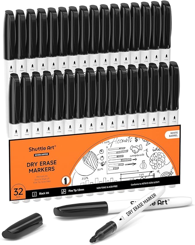 Shuttle Art Dry Erase Markers, 32 Pack Black Whiteboard Markers, Fine Tip Dry by ShuttleArt