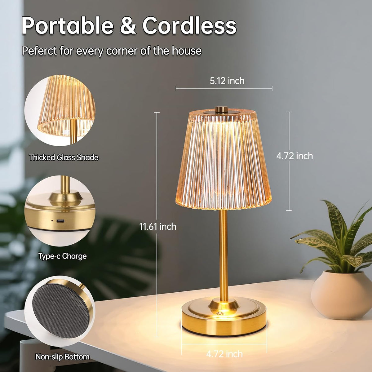 Shenmoyl Cordless Touch Table Lamp with 5200mAh Battery - 3 Adjustable Color ...