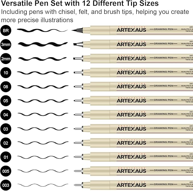 Micro Fineliner Drawing Art Pens, 12 Assorted Sizes, Waterproof Archival Ink - Image 3