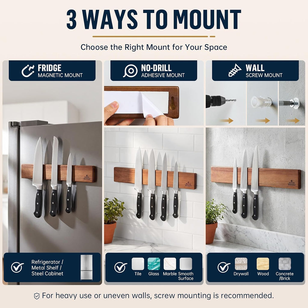 magnetic knife holder for wall, 16 inch acacia, close-up detail