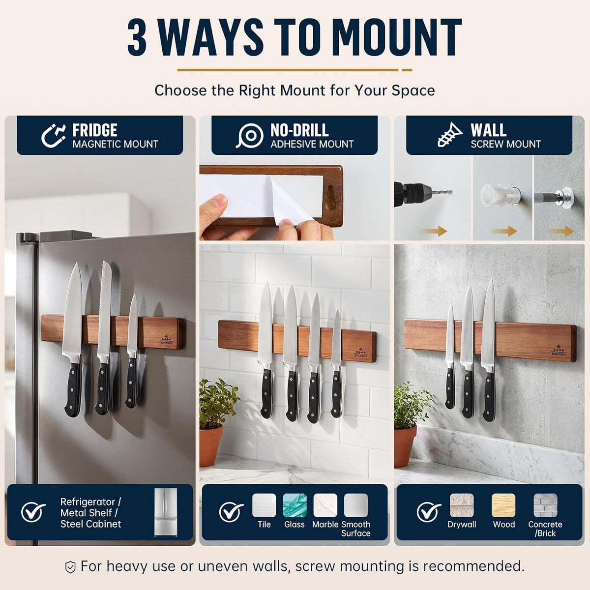 magnetic knife holder for wall, 16 inch acacia, close-up detail