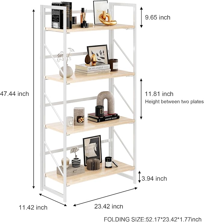 JSB No Assembly Folding Bookshelf, 4 Tier Industrial Metal Book Shelf - Image 3