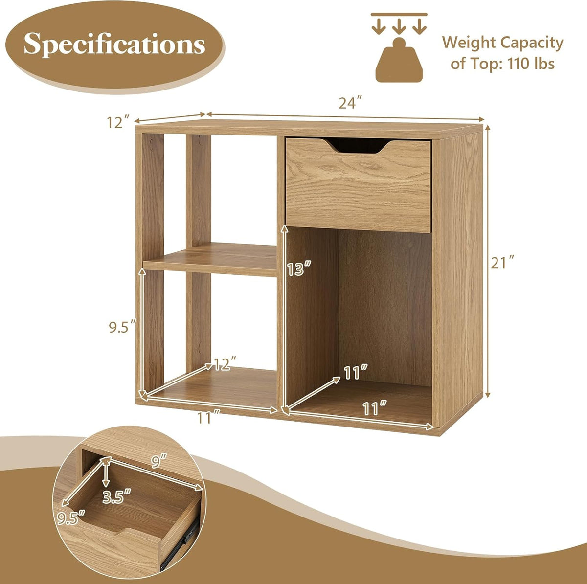 GIANTEX 3 Cube Bookcase with Drawer, 2 Tier Bookshelf for Small Space, Modern...