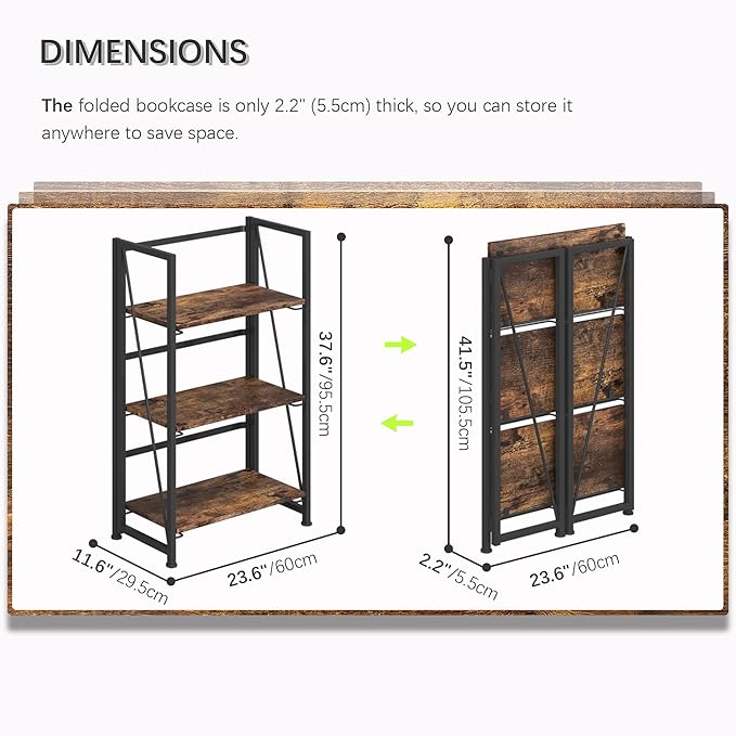 4NM No Assembly Folding Bookshelf Storage Shelves 3 Tiers Vintage Bookcase - Image 3