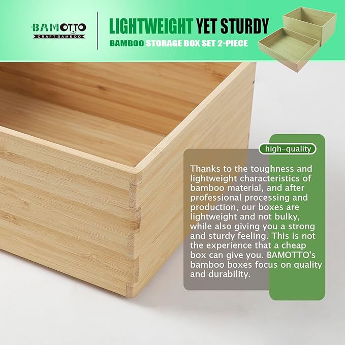 2-Piece Large Bamboo Storage Box Set, 7.1 in High Stackable Deep-Drawer - Image 4