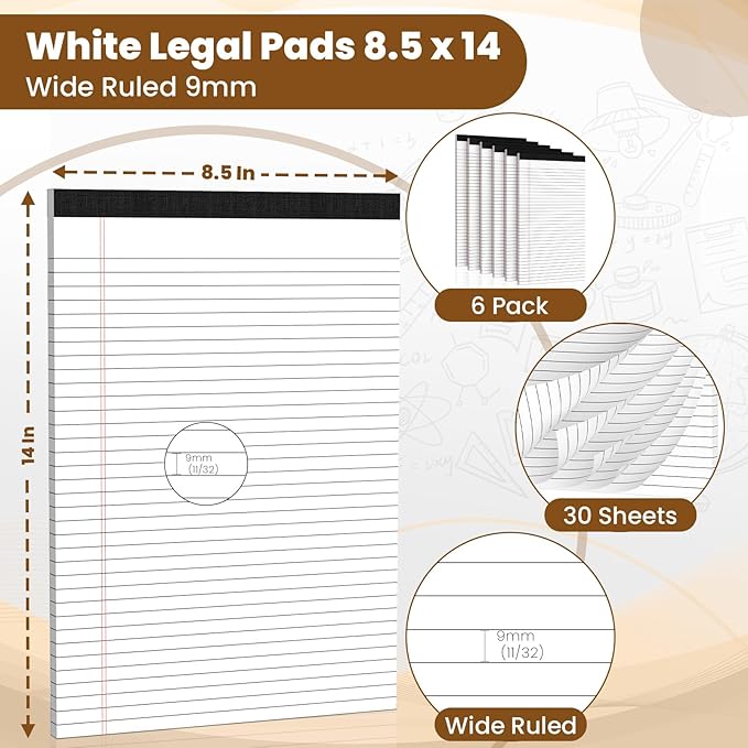 Legal Pads 8.5 x 14 Note Pads, 6 Pack Writing Pads Wide Ruled Notepads - Image 2