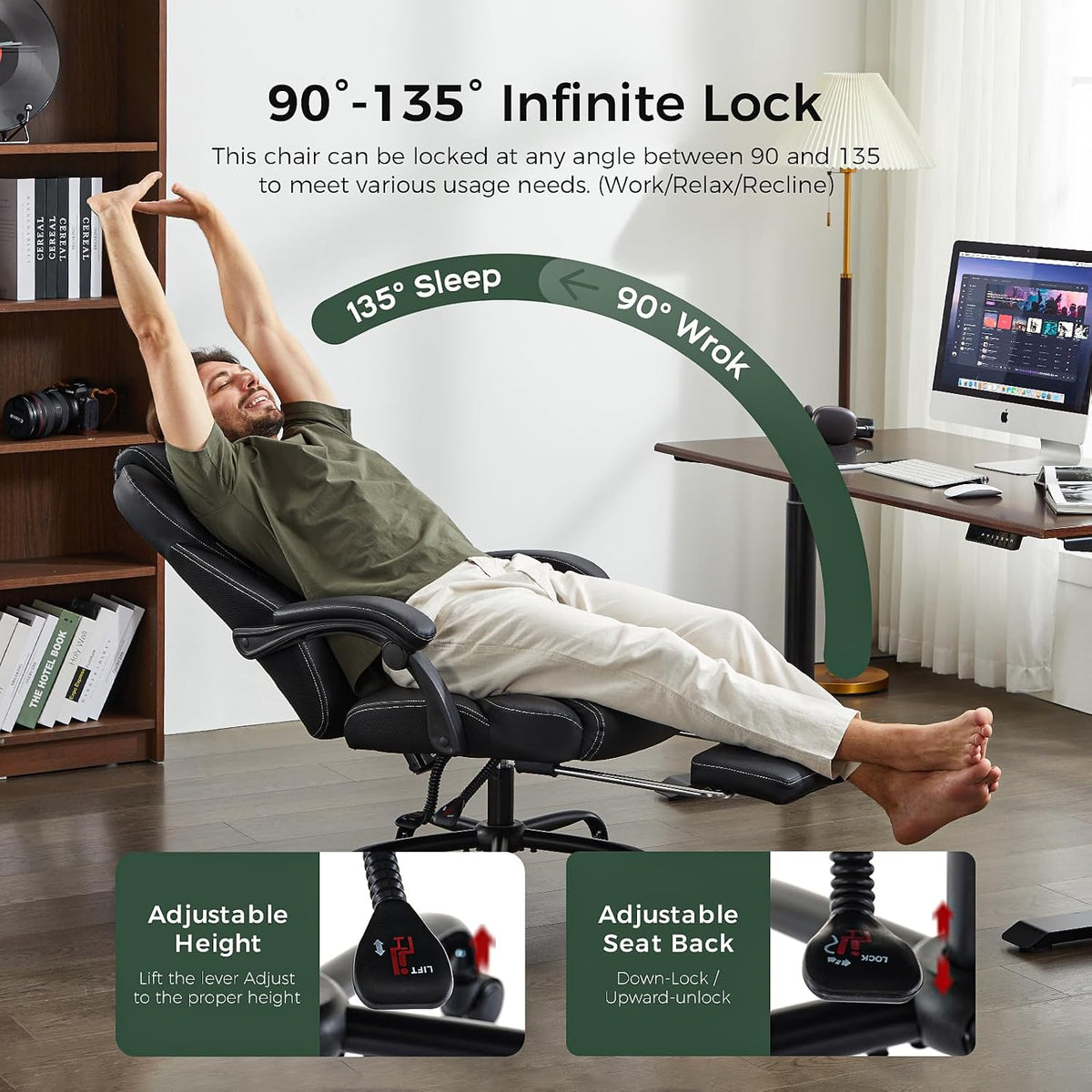 amseatec Big and Tall Office Chair with Footrest, Lumbar Support, Black