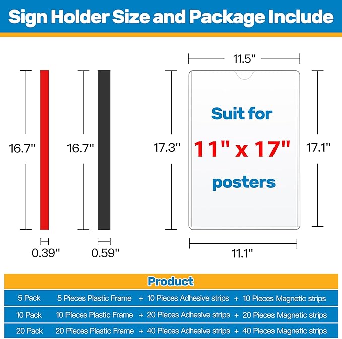 Magnetic Sign Holder 11 x 17 Adhesive Frame 5 Pack, Rigid Plastic Document - Image 3