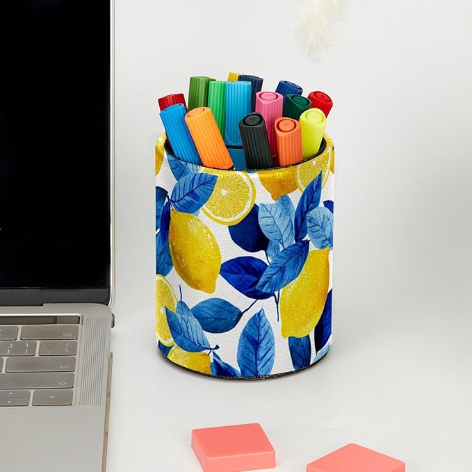 Leather Pen Holder for Desk Lemons Blue Leaves Pattern Pencil Cup Desktop - Image 5