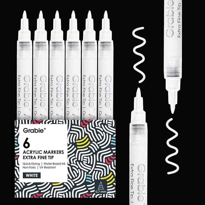 Grabie 6 White Extra Fine Tip Acrylic Paint Marker Set, 6 Pack, 0.7mm Acrylic by Grabie