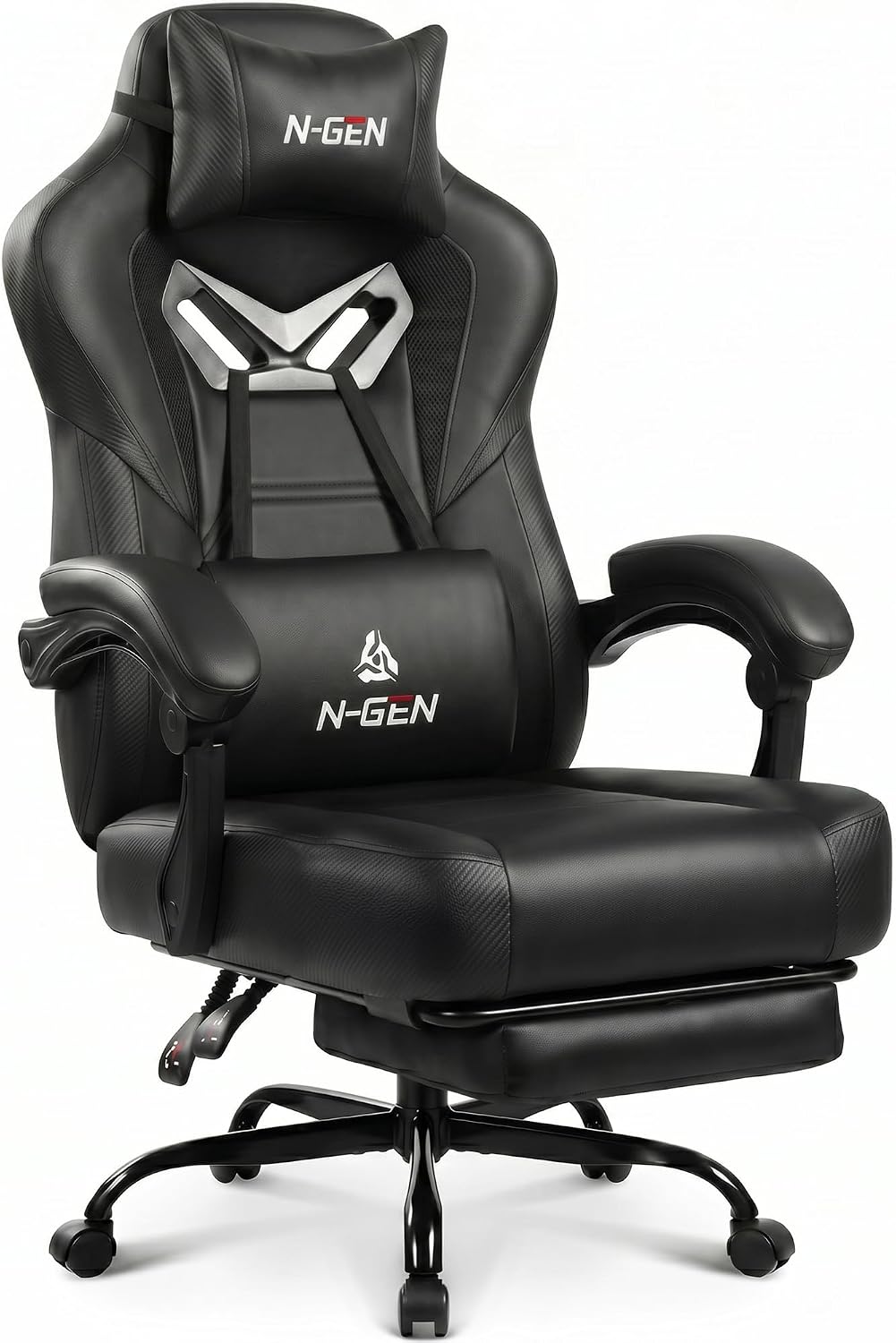 N-GEN GAMING Big & Tall Gaming Chair, Footrest, Lumbar Support, Dark Black