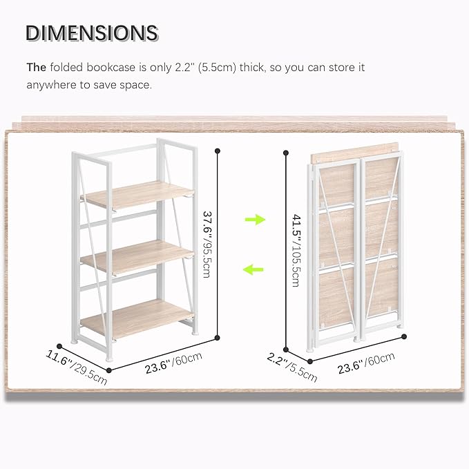 4NM No Assembly Folding Bookshelf Storage Shelves 3 Tiers Vintage Bookcase - Image 2