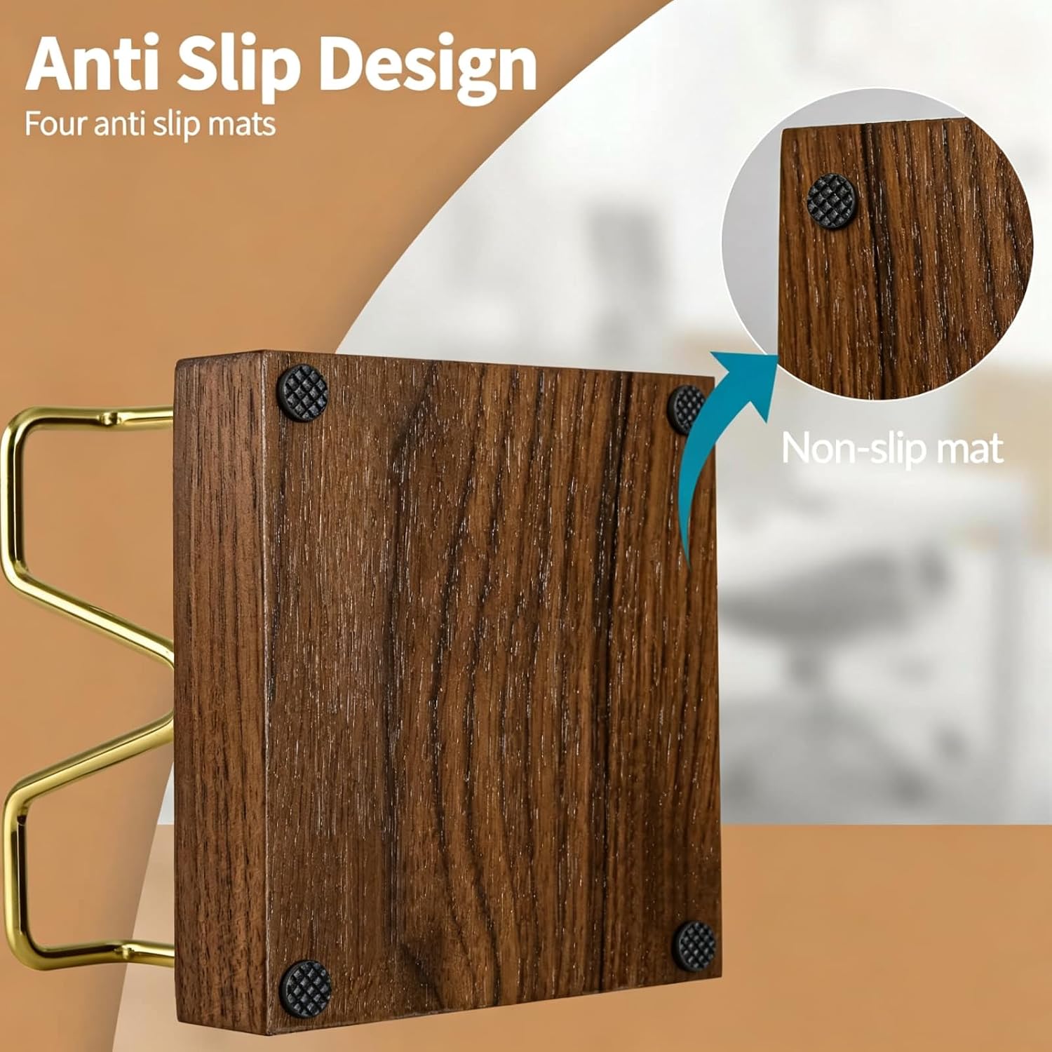 Walnut Wood Sticky Note Holder, 3 x 3 inch Self Stick Note Pad Holder, Post It Note Dispenser Desk Accessories for School and Office Desk Organizer, Gold