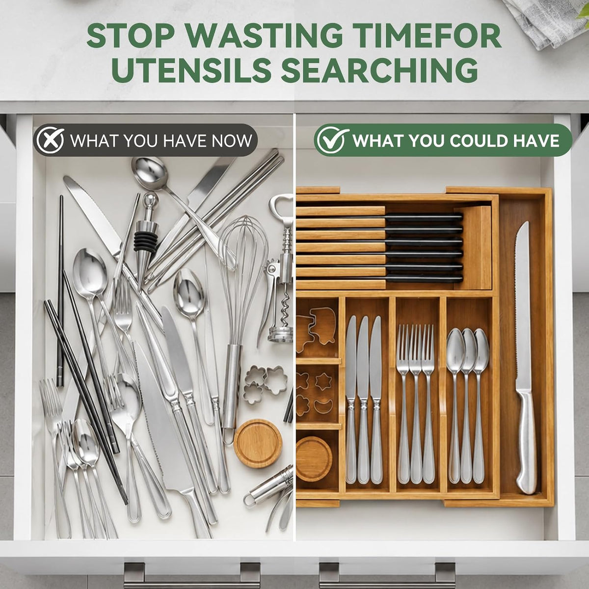 Luxury Teak Expandable Kitchen Drawer Organizer - Cutlery & Utensil Tray