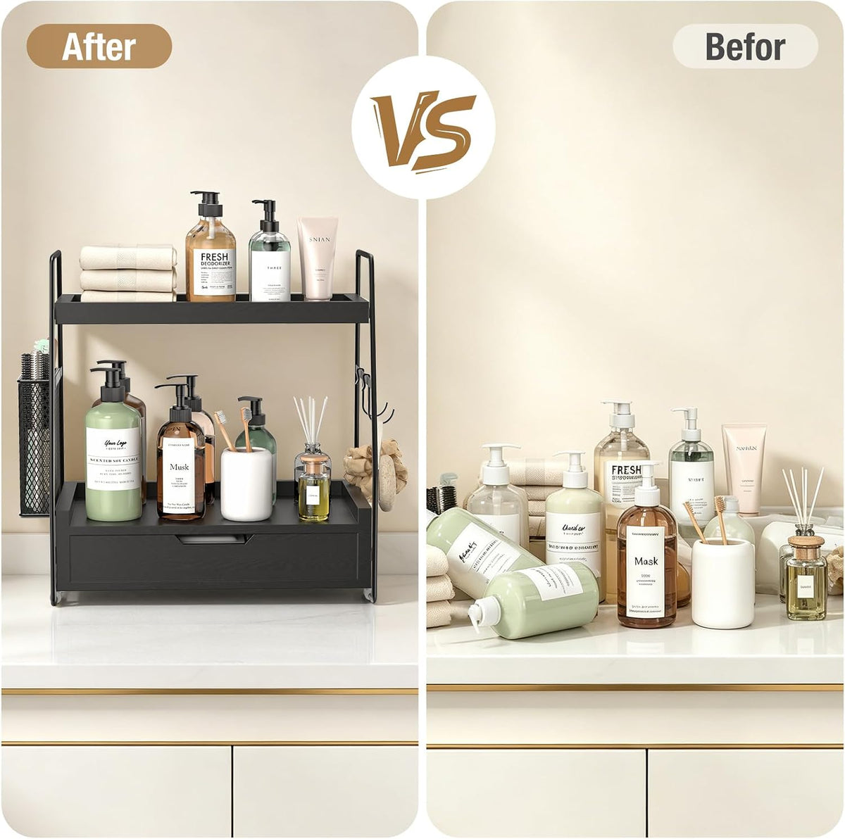2-Tier Bathroom Counter Organizer with Drawer, Wood Counter Storage Shelf