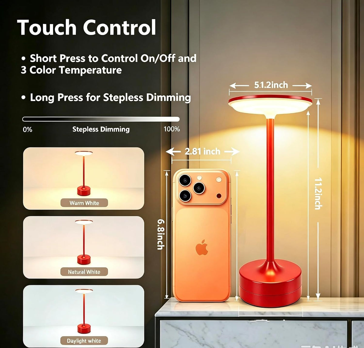 Small Table Lamp, Portable Metal Table Lamp, Cordless Rechargeable Table Lamp...