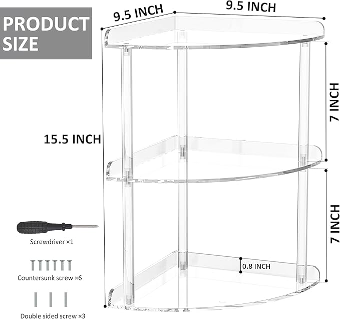 Sezanrpt 3 Tier Acrylic Corner Shelf Organizer Storage 9.5x9.5x15.7 Inch - Image 3