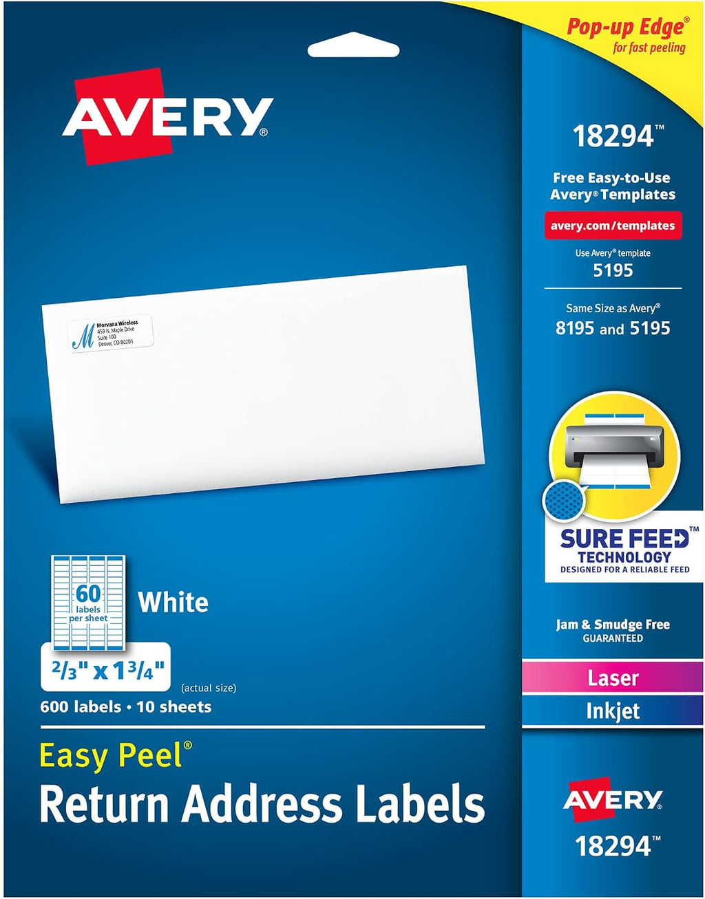 Avery® Printable Return Address Labels, Sure Feed® Technology, 2/3" x 1-3/4", White, Laser & Inkjet Compatible, 600 Blank Labels Total, Great for Mailing, Branding, and More (18294)
