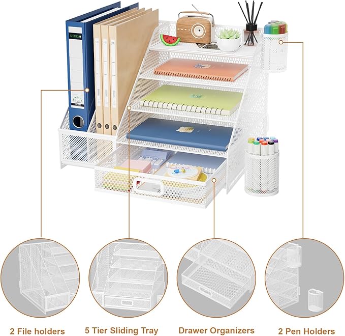 Marbrasse Desk Organizer with File Holder, 5-Tier Paper Letter Tray Organizer - Image 4