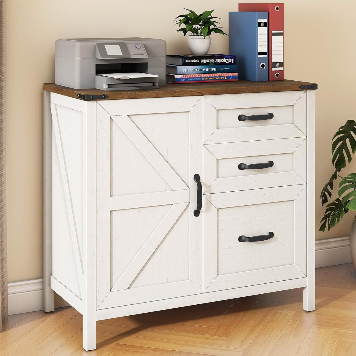 3 Drawers Farmhouse File Cabinet with Door for Home Office, Rustic White | Halitaa Lateral Filing Cabinet for Letter/A4 Size Hanging Files, Large Wood File Storage Cabinet Printer Stand