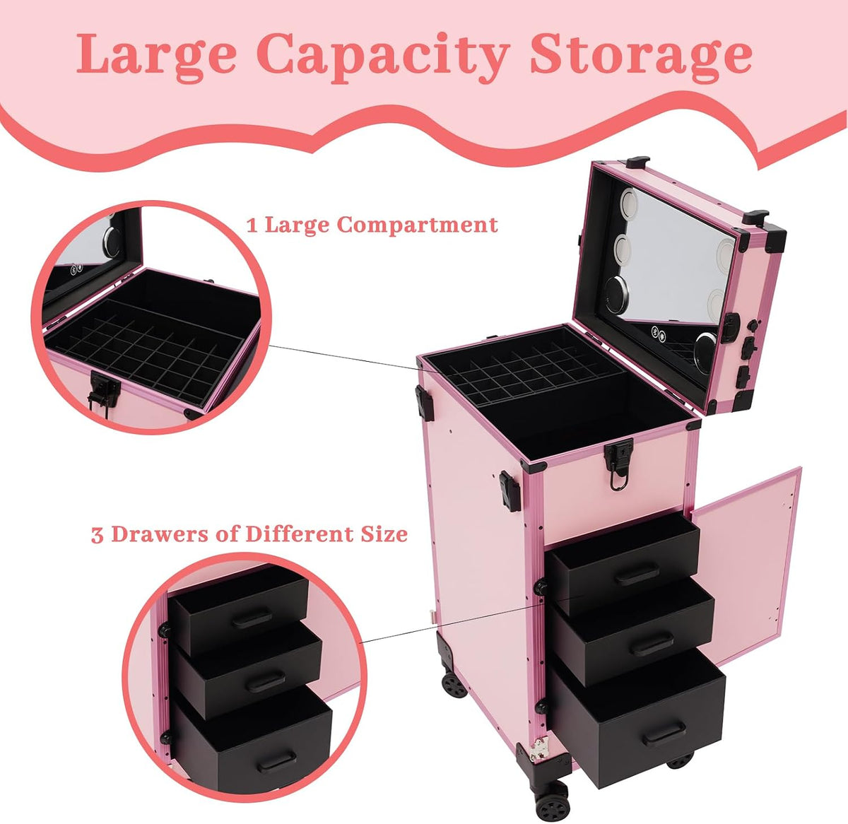 Rolling Makeup Train Case with 4 Drawers&Mirror, Foldable Makeup Nail Des...