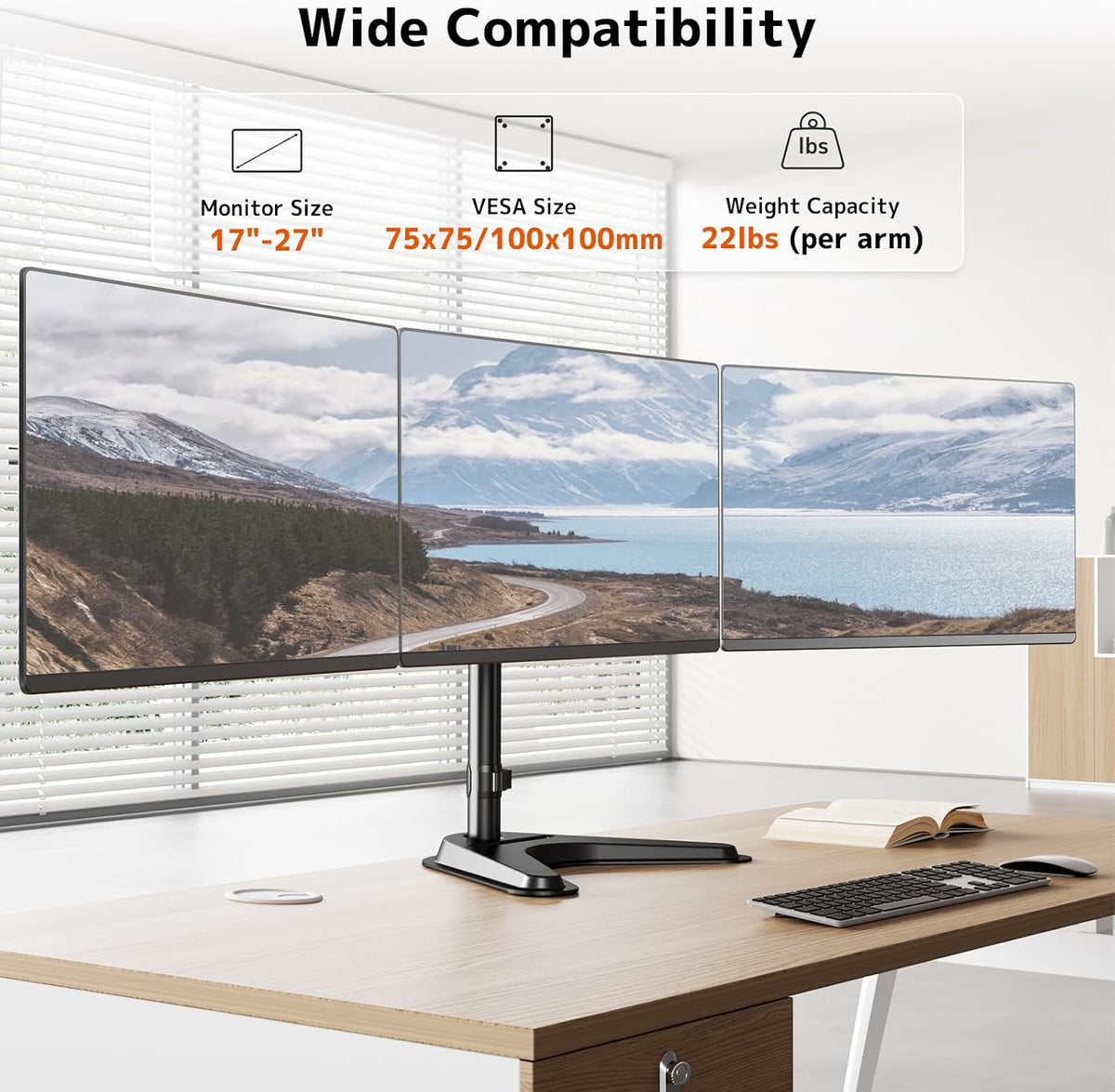 Triple Monitor Stand, Full Motion Arm Fits up to 27 inch