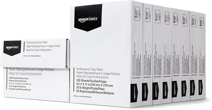 Amazon Basics Multipurpose Copy Printer Paper, 20 lb, 8.5 x 11 Inches, 8 Reams by AmazonBasics