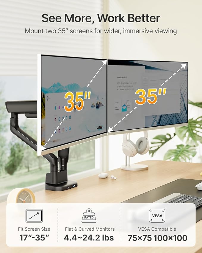 monTEK Dual Monitor Arm with USB, Mechanical Spring Monitor Arm - Image 2