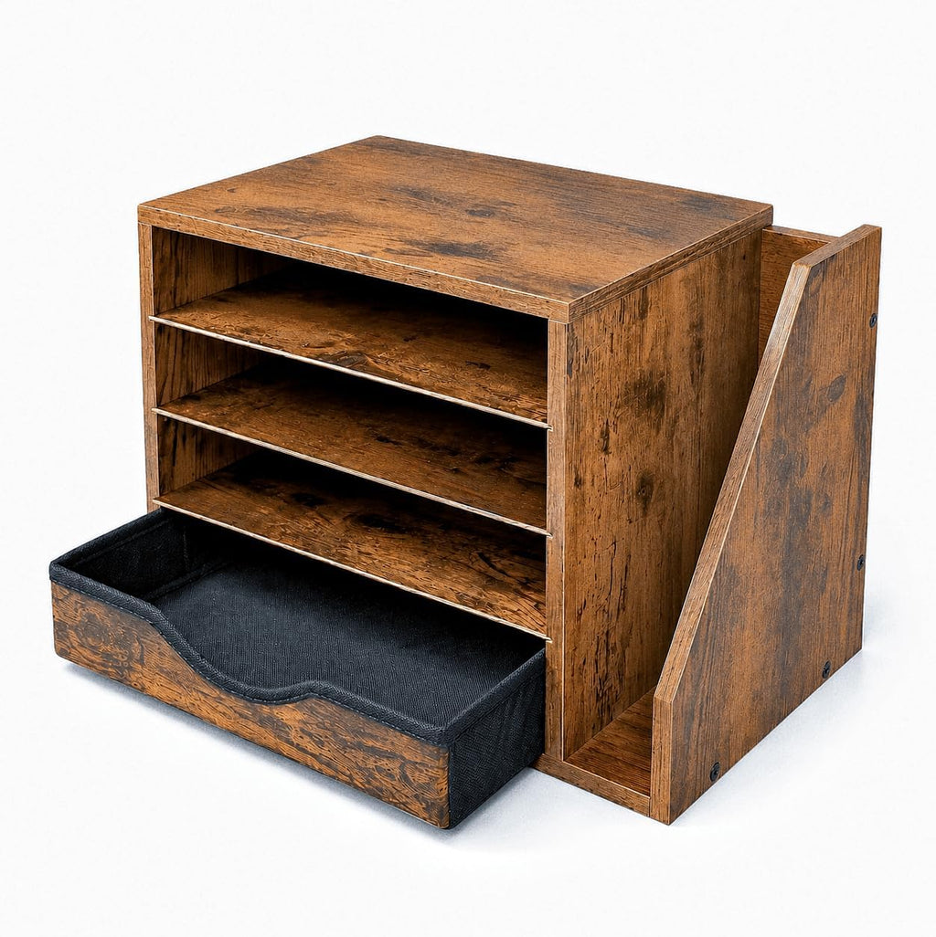 wooden desk organizer with drawers, office paper mail, main product view