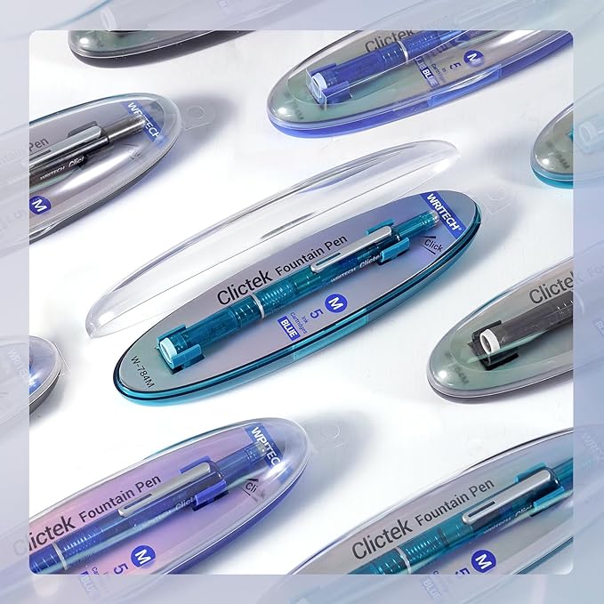 WRITECH Clictek Fountain Pen Retractable: Medium Nib Blue Ink Transparent - Image 6